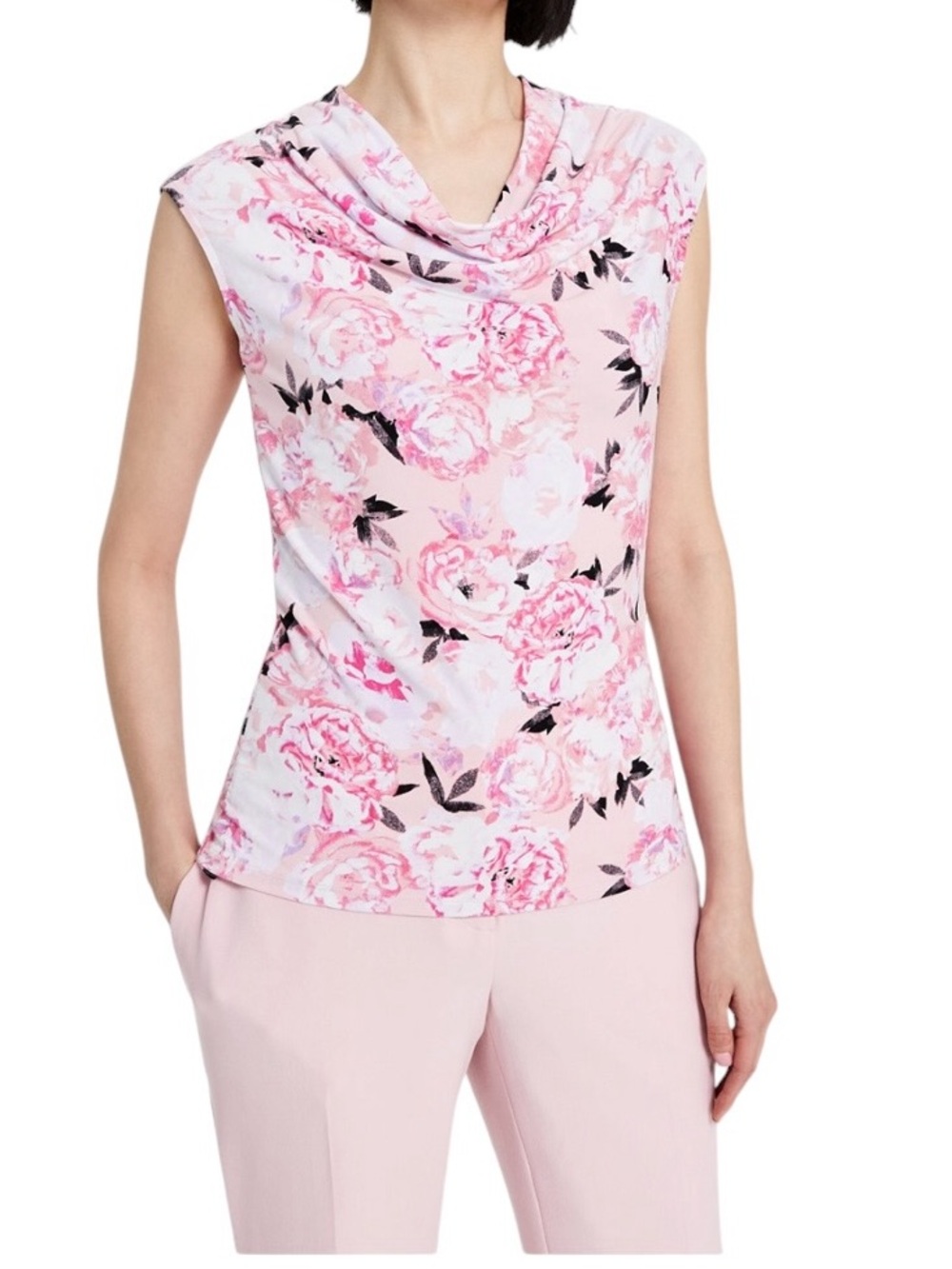 Kasper Cowl Neck Pink Floral Pullover Blouse Top NEW Size Small